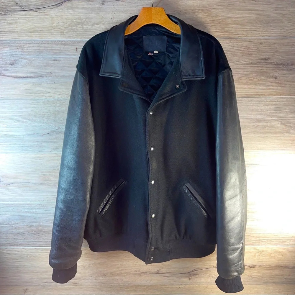 Vintage 90s Black 100% Leather & Wool Letterman Jacket Made in USA Mens XL Long - Picture 1 of 16